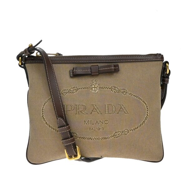 PRADA Logo Crossbody Shoulder Bag Jacquard Leather Brown - Picture 1 of 16